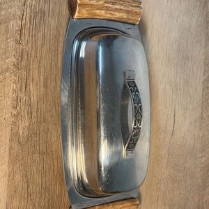 Olaf VTG Mid Century Modern Antler Handles Butter Dish Silver Stainless Steel